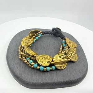Layered Gold Tone Coin Bracelet Boho Statement Cuff Adjustable Black Cord Gift
